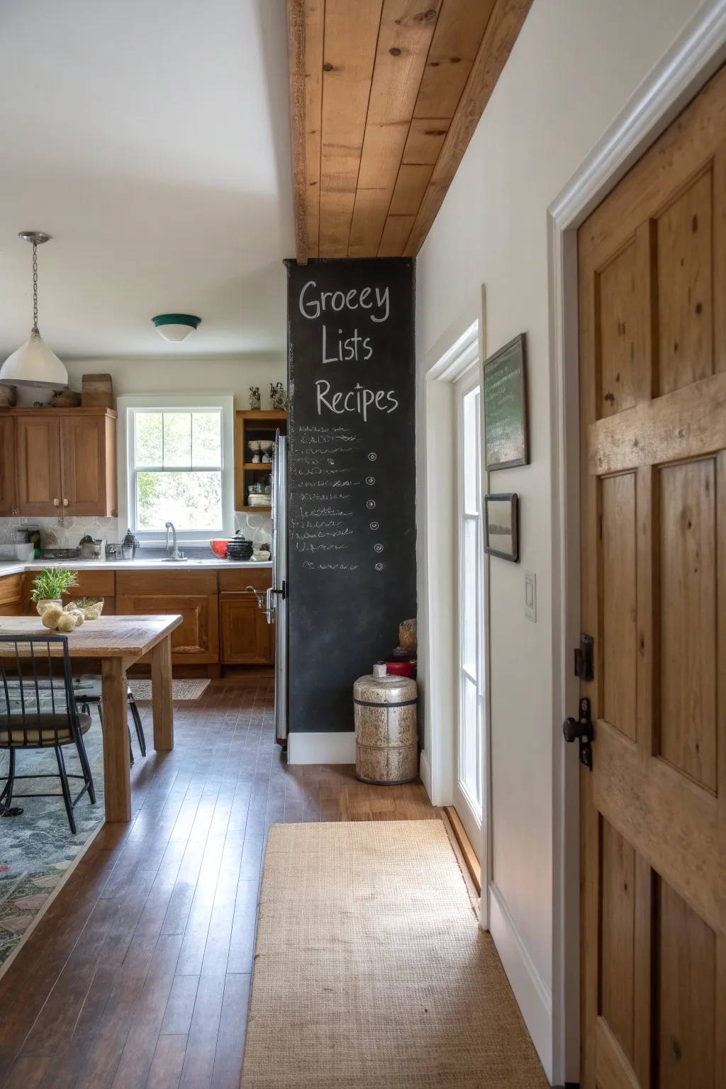 A matte black chalkboard wall in a kitchen with handwritten grocery lists and decorative sketches.