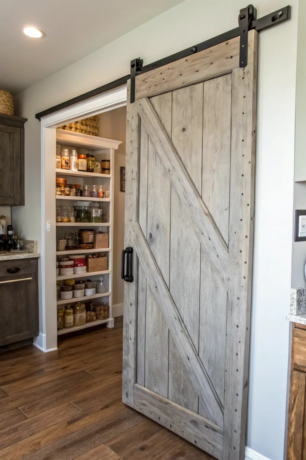 A sliding barn door made of weathered gray wood with black hardware in a farmhouse kitchen.