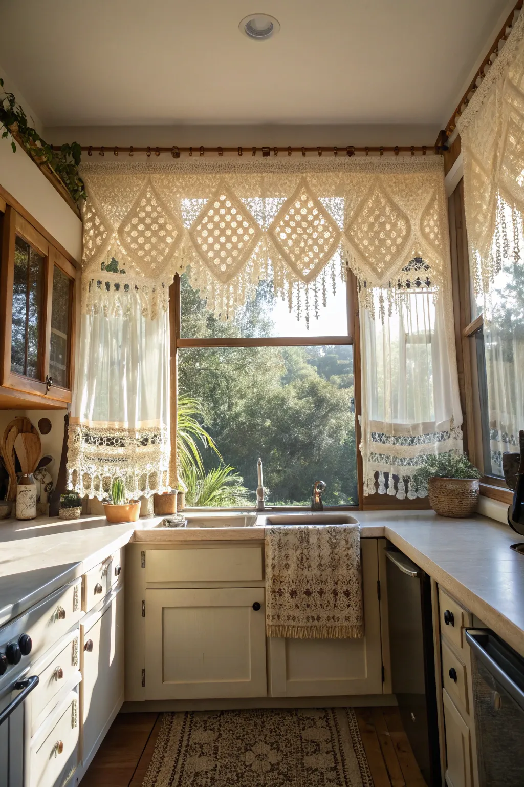Cream macrame kitchen curtains with wooden beads in a bright, sunlit bohemian kitchen.