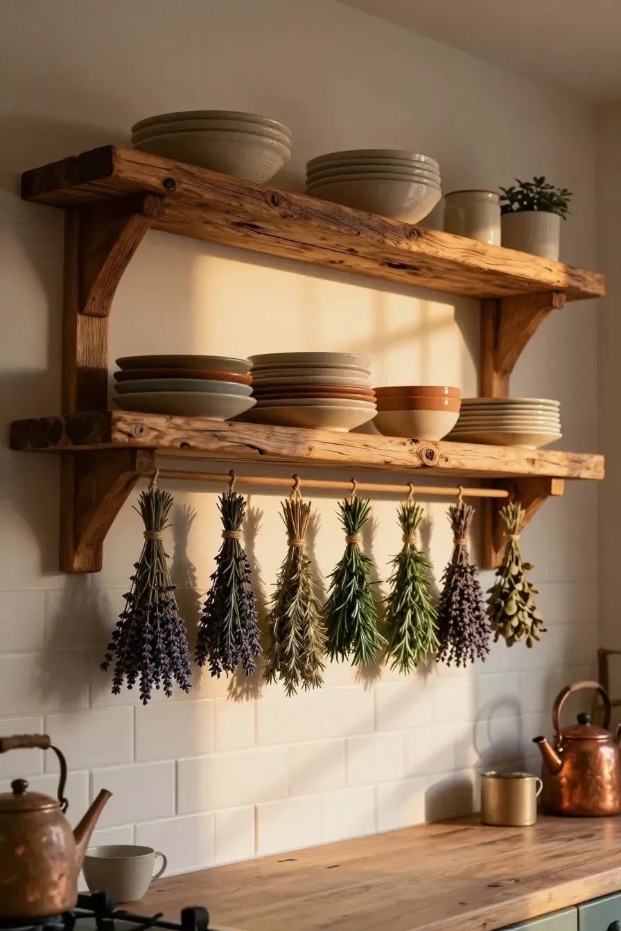 Open reclaimed wood shelves in a kitchen with bundles of dried herbs hanging underneath.