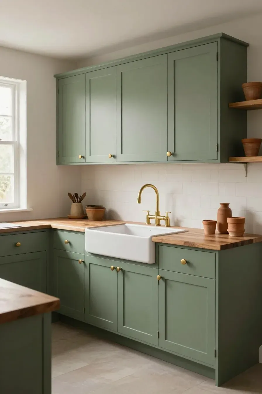 Matte sage green shaker cabinets with brass knobs in a bright, earthy boho kitchen.