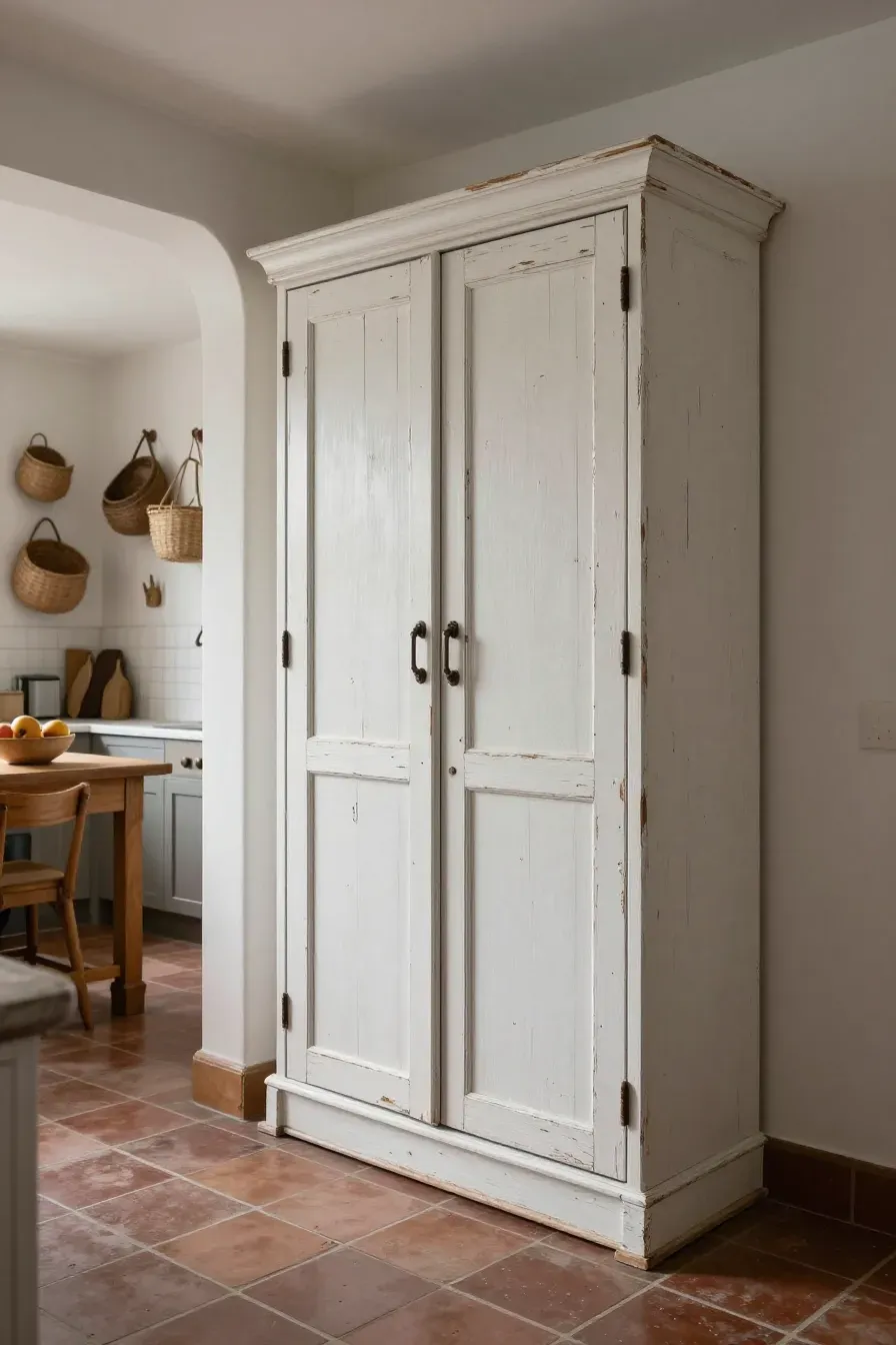 A vintage pantry door with a distressed white finish in a cozy farmhouse boho kitchen.
