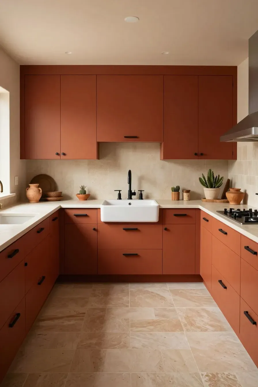 Deep terracotta lower kitchen cabinets with matte black handles and stone tile floors.