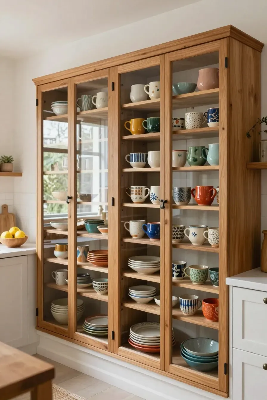 Glass-front kitchen cabinets displaying a colorful collection of mismatched handmade ceramic mugs.