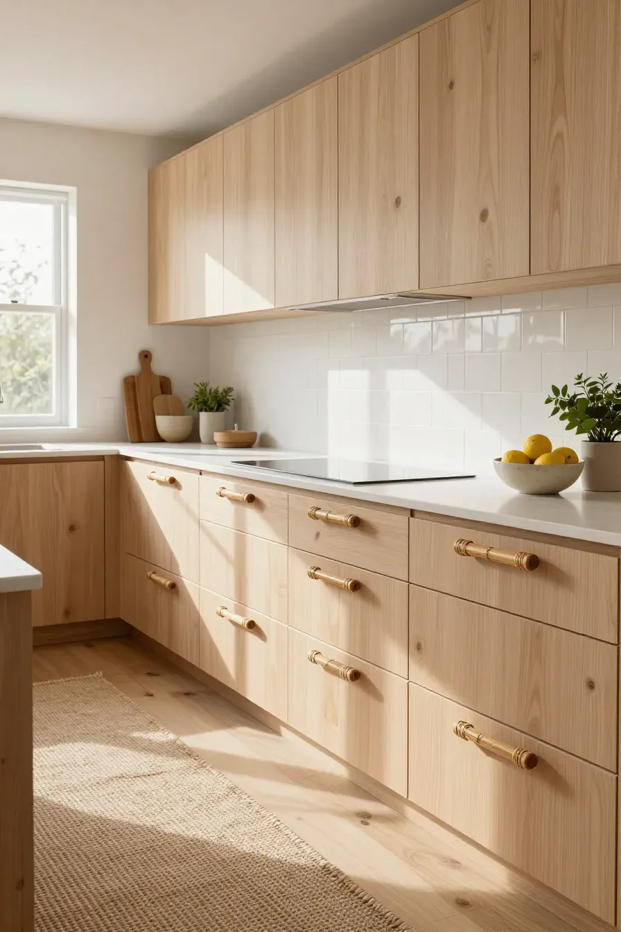 A warm boho kitchen featuring birch plywood cabinets with textured woven bamboo handles and white quartz countertops.