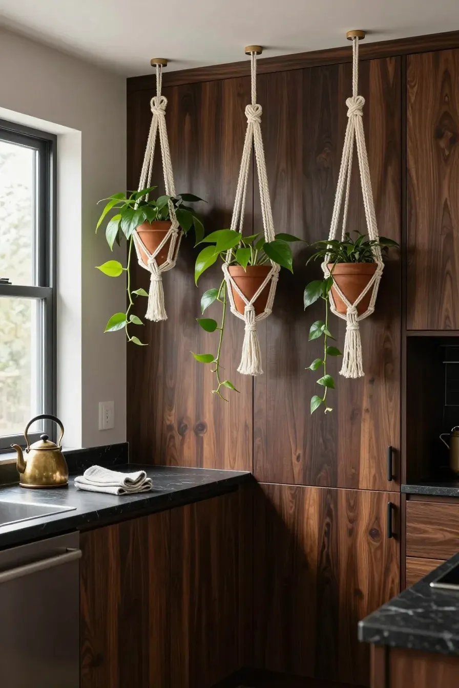Dark walnut kitchen cabinets contrasted with white macramé plant hangers and trailing green vines.