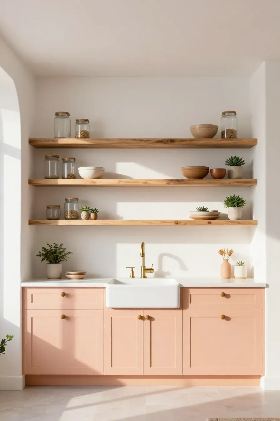 A bright kitchen with soft peach base cabinets, light wood open shelving, and a warm, airy atmosphere.