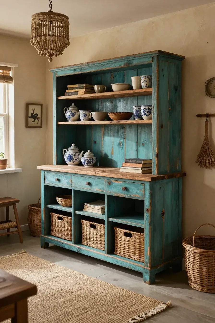 A rustic kitchen featuring a salvaged wood island with a teal wash, jute rugs, and wicker accents.