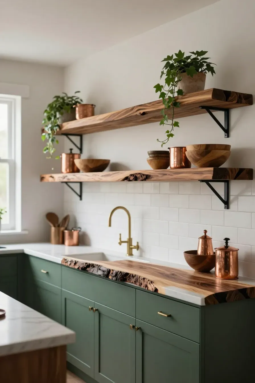 A kitchen featuring floating live-edge walnut shelves styled with copper pots and green plants.