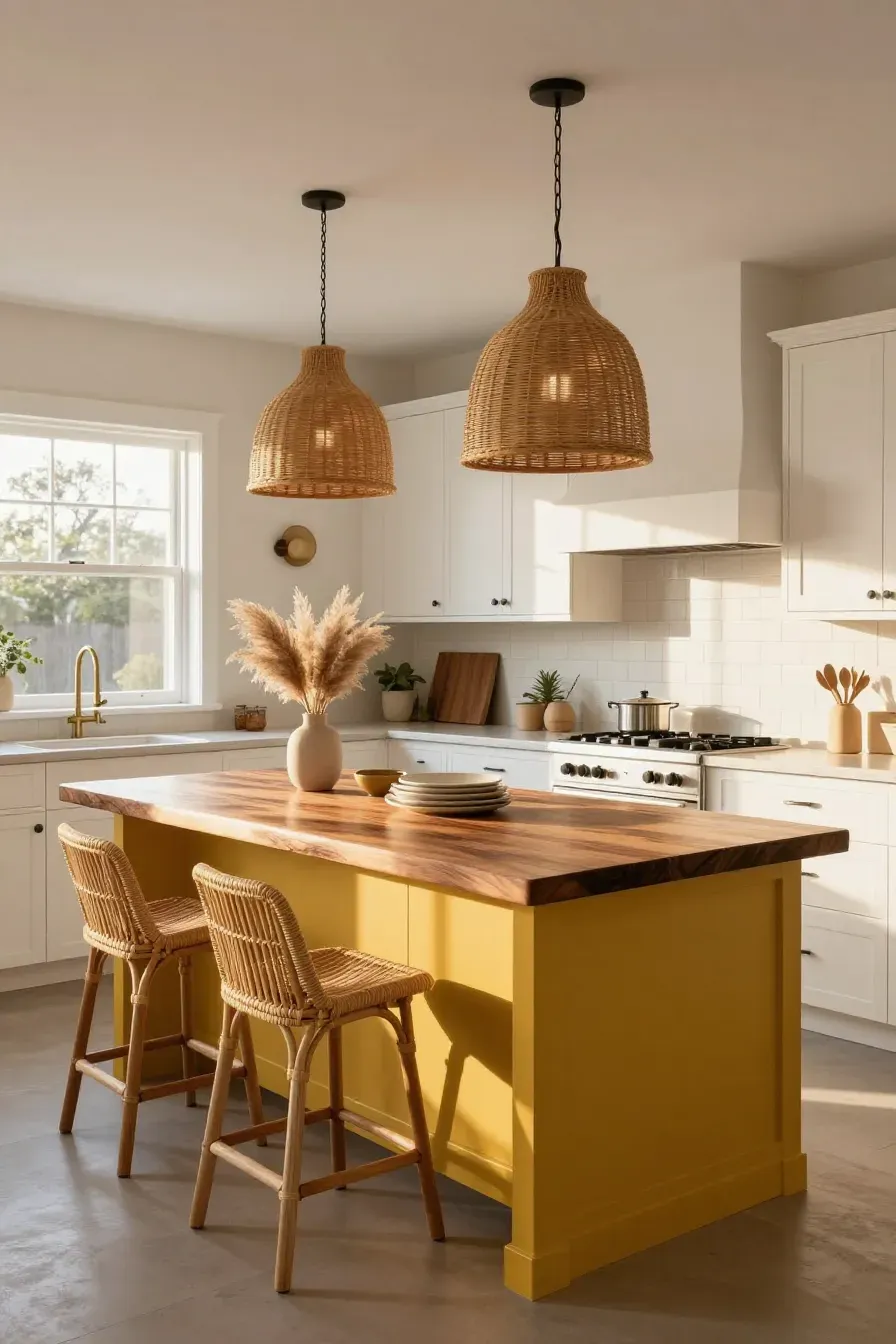 A mustard yellow kitchen island with a thick butcher block top and woven pendant lights.