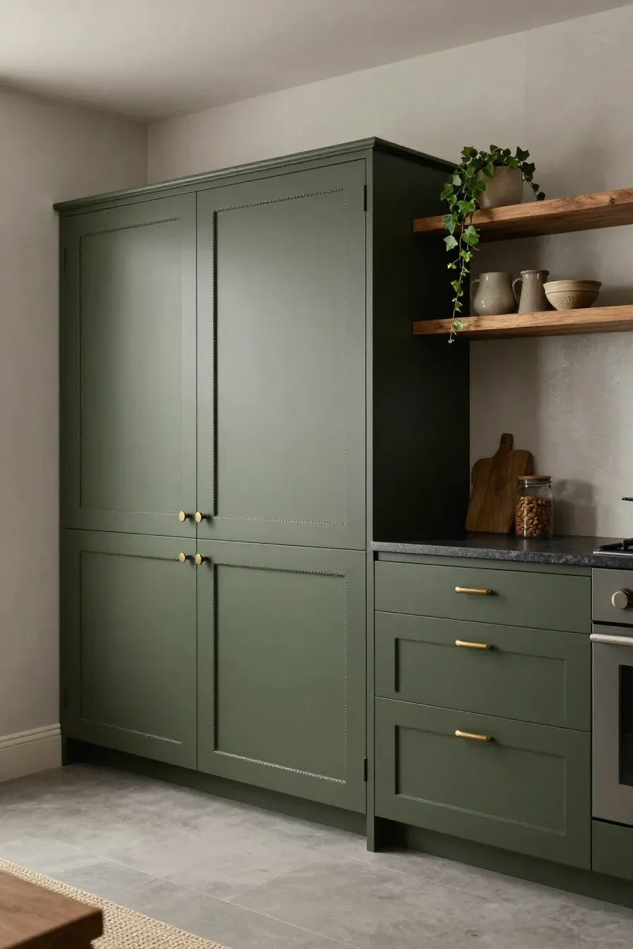 Deep olive green beaded inset cabinets in a sophisticated bohemian kitchen with brass hardware.