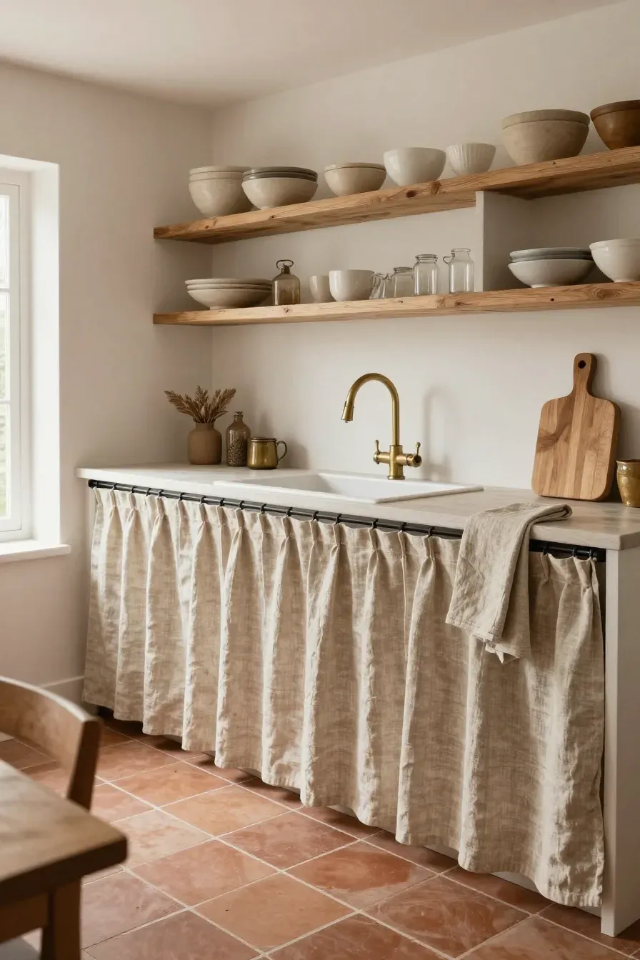 A rustic kitchen featuring oatmeal linen curtains as lower cabinet doors and terracotta floors.