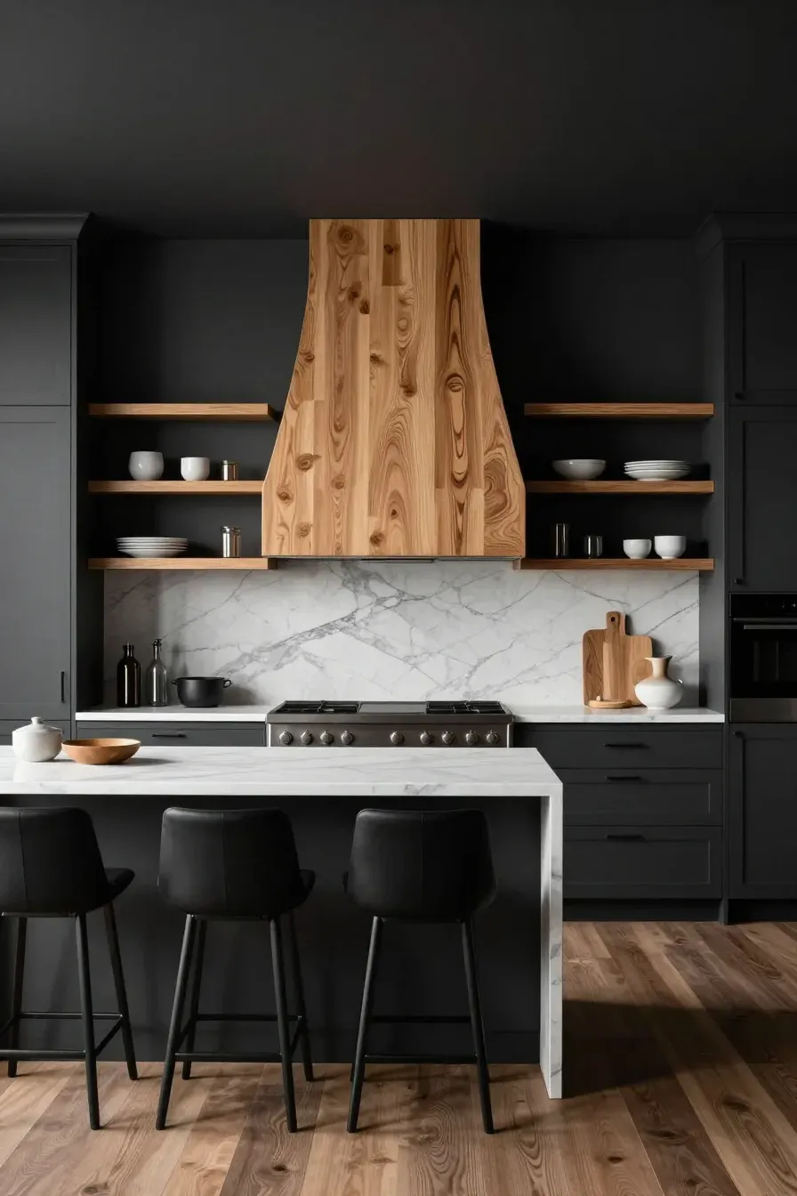 Modern charcoal kitchen cabinets with a honey-toned wood range hood and marble backsplash.