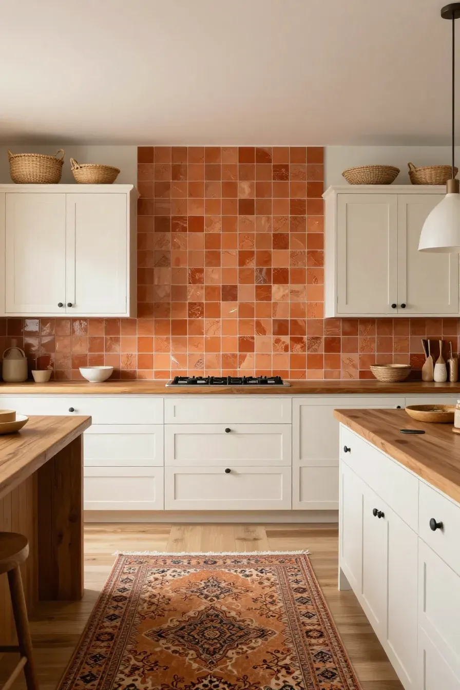 Creamy off-white kitchen cabinets with a handmade terracotta tile backsplash and woven baskets.