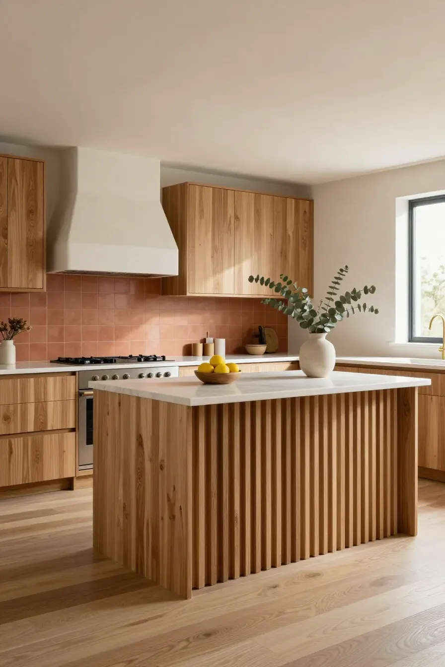 A wide boho kitchen featuring light oak vertical slat cabinets and a matching kitchen island.