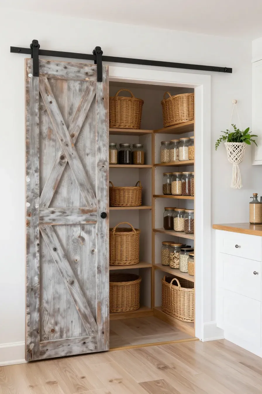 A rustic sliding barn door opens to a pantry filled with organized wicker baskets.