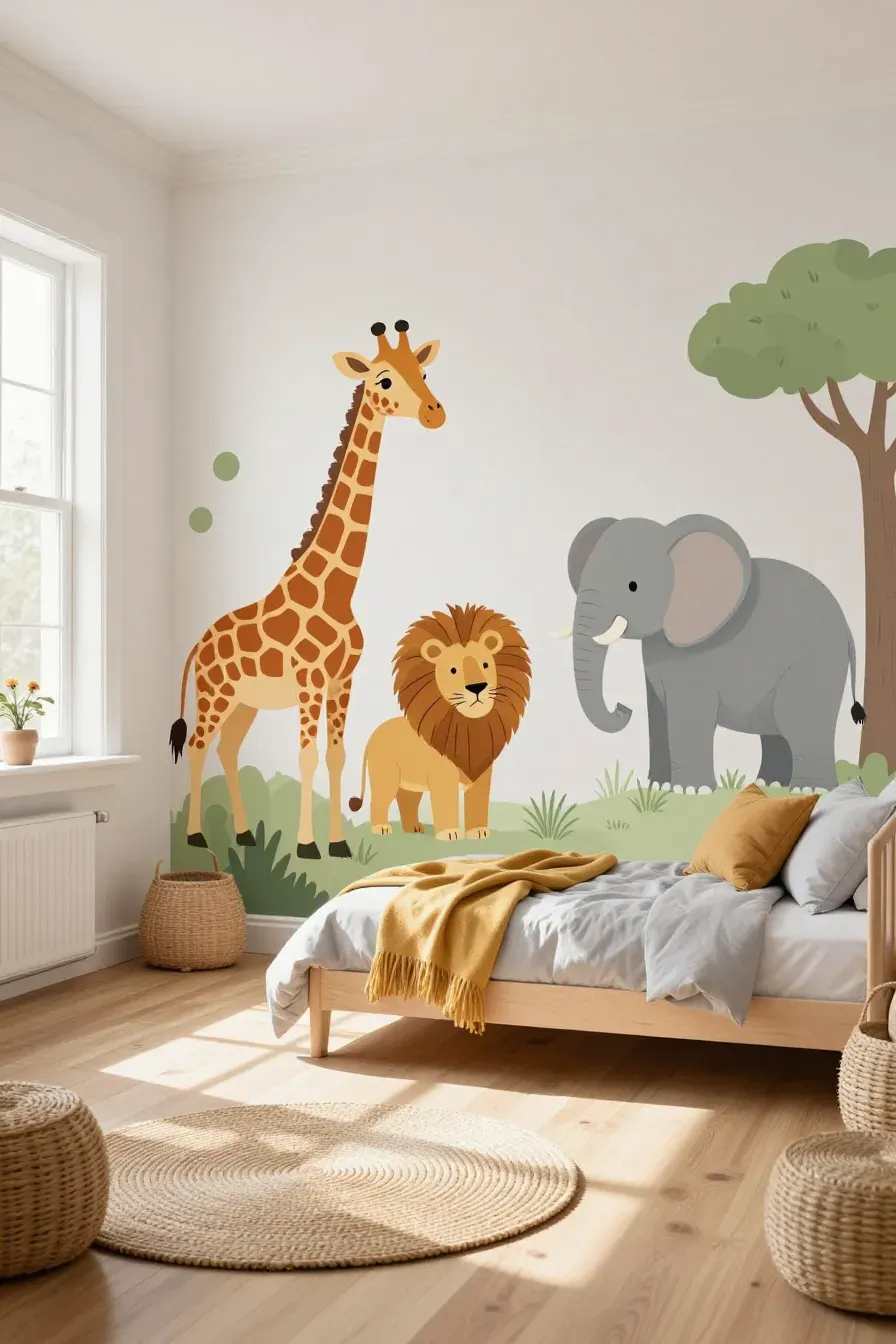 A bright kids bedroom featuring large safari animal vinyl decals on a white wall above a toddler bed.