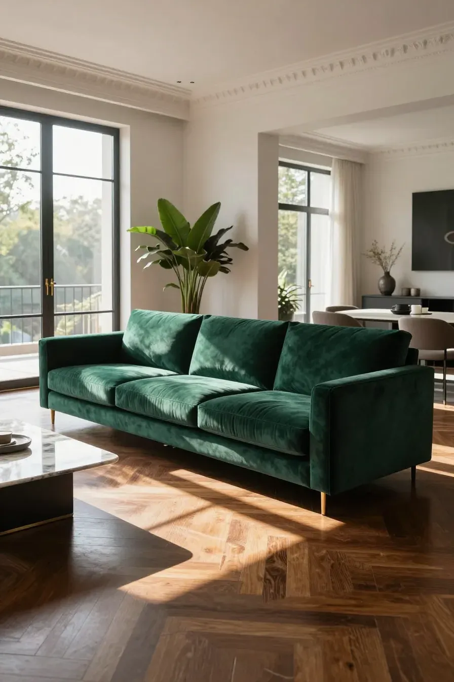 A sophisticated living room featuring a deep emerald green velvet sofa and large windows with natural light.
