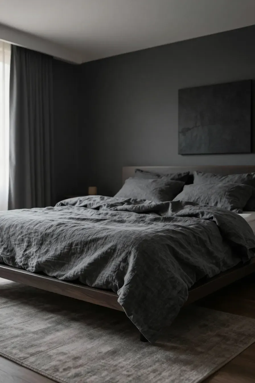 Charcoal gray linen bedding on a low-profile wooden platform bed in a moody, modern bedroom.