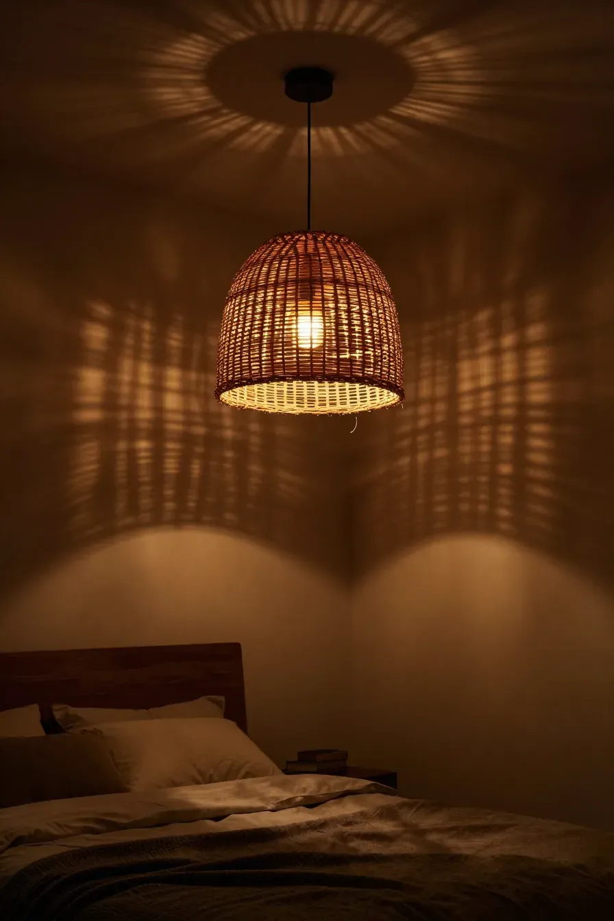A large woven rattan pendant light casting warm amber light and shadows in a dark, moody bedroom.