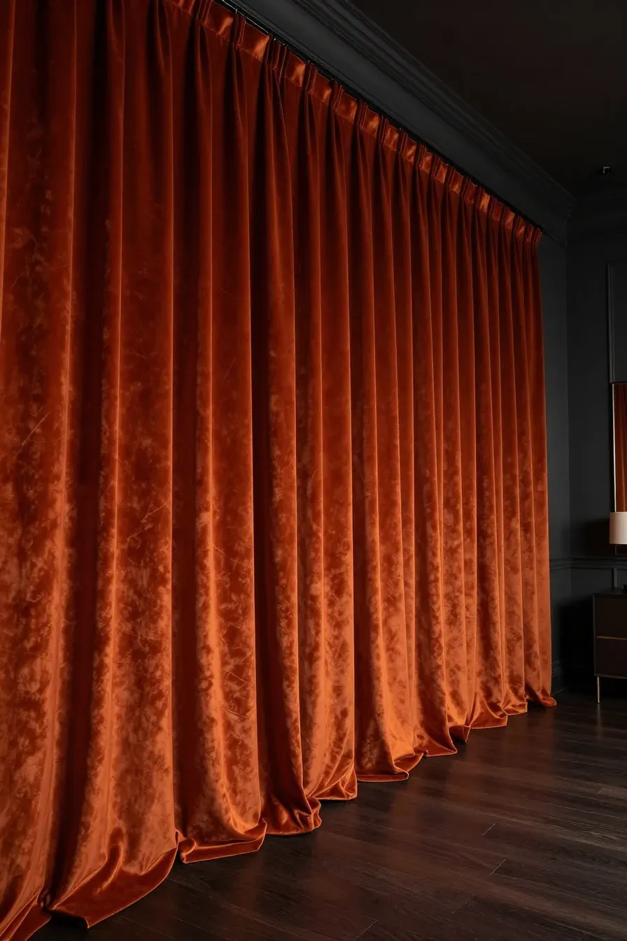 Floor-to-ceiling burnt orange velvet curtains in a dark, moody bedroom with charcoal walls.