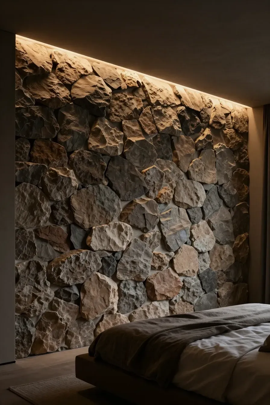 A tumbled stone feature wall in a bedroom illuminated by soft, integrated warm LED lighting.