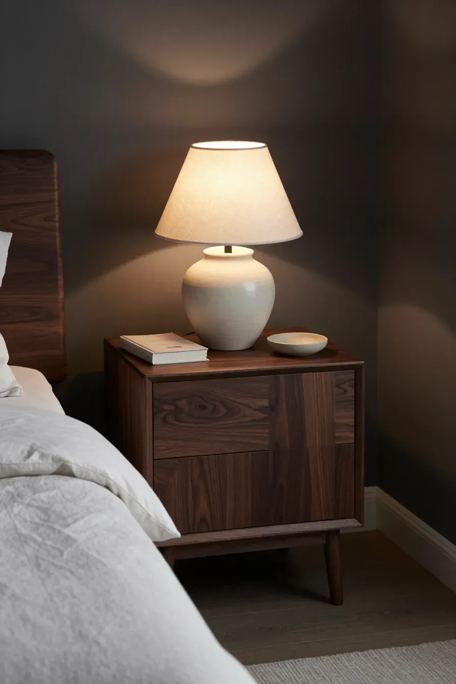 A dark walnut bedside table with a minimalist matte ceramic lamp in a moody bedroom.
