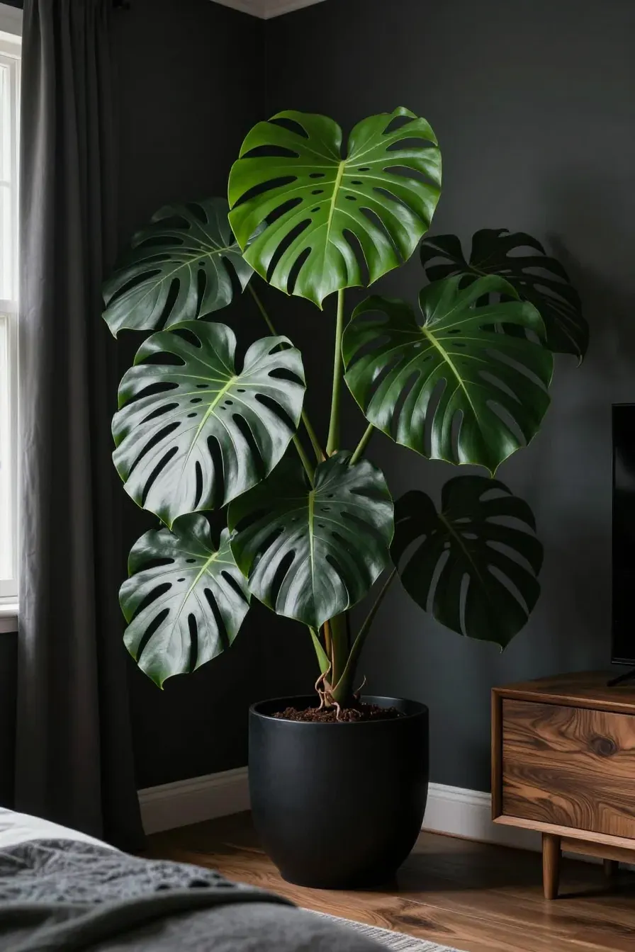 Large leafy green plants in matte black planters in the corner of a moody, dark-toned bedroom.