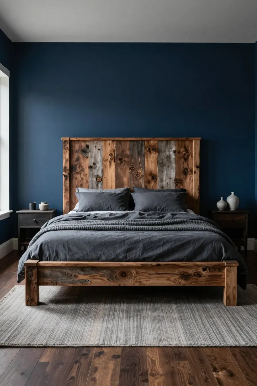 A moody bedroom featuring a reclaimed wood headboard against a matte navy blue wall with soft lighting.