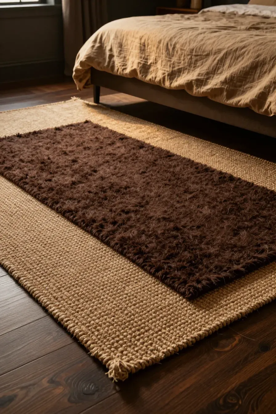 Layered chocolate wool and tan jute rugs on a dark wood floor in a moody, earthy bedroom.