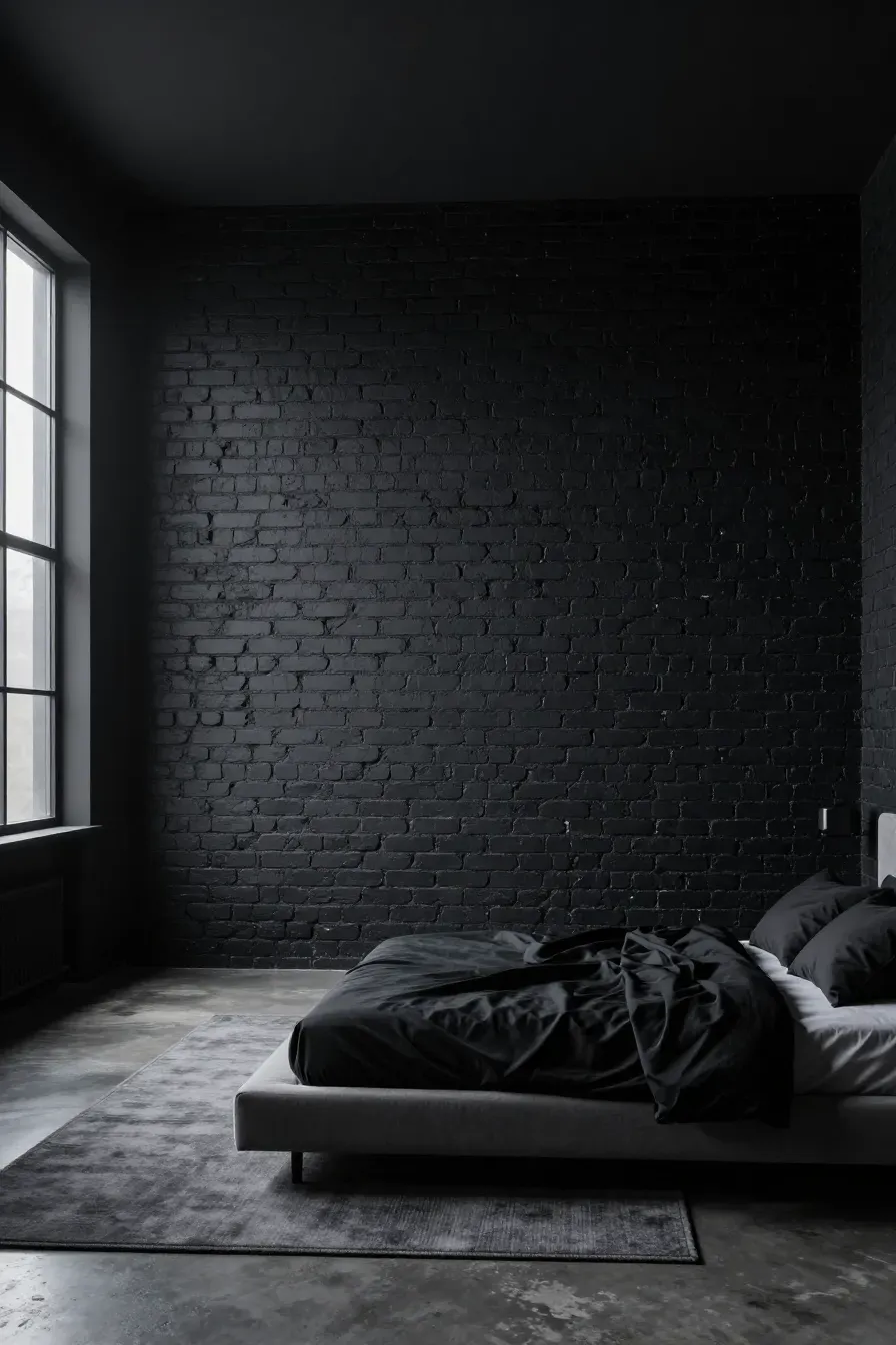 A minimalist bedroom with a matte black exposed brick wall and a low-profile gray platform bed.