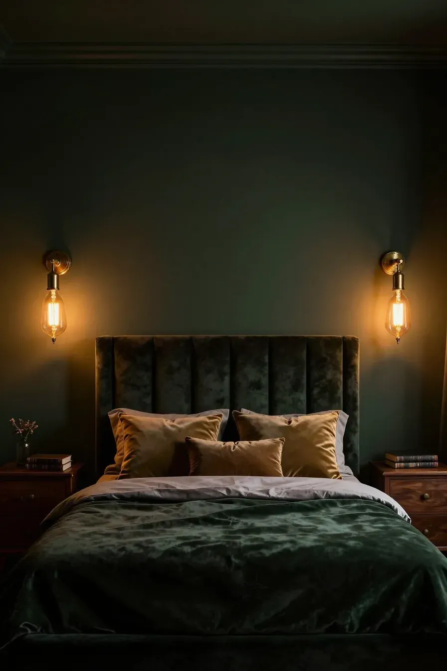 Brass wall sconces with warm filament bulbs lighting a dark green moody bedroom.