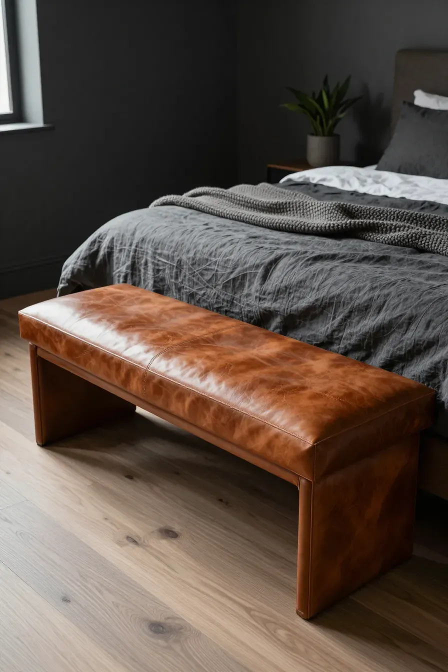 A cognac leather bench at the foot of a bed in a moody gray bedroom with natural lighting.