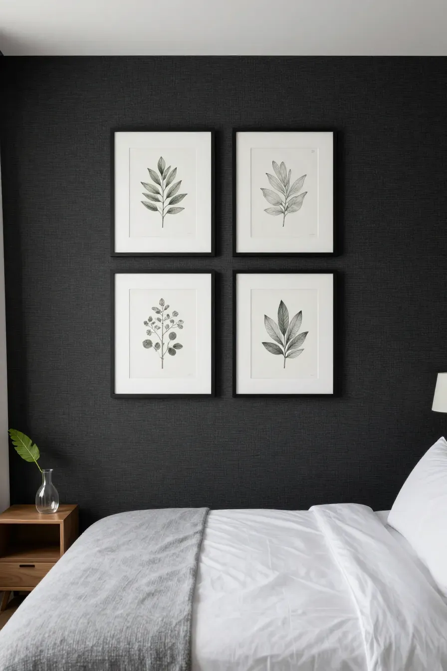 Framed botanical sketches on dark charcoal grasscloth wallpaper in a moody guest bedroom.