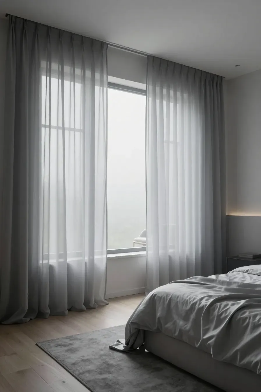 Sheer smoke gray drapes filtering soft light in a serene, light moody gray bedroom.