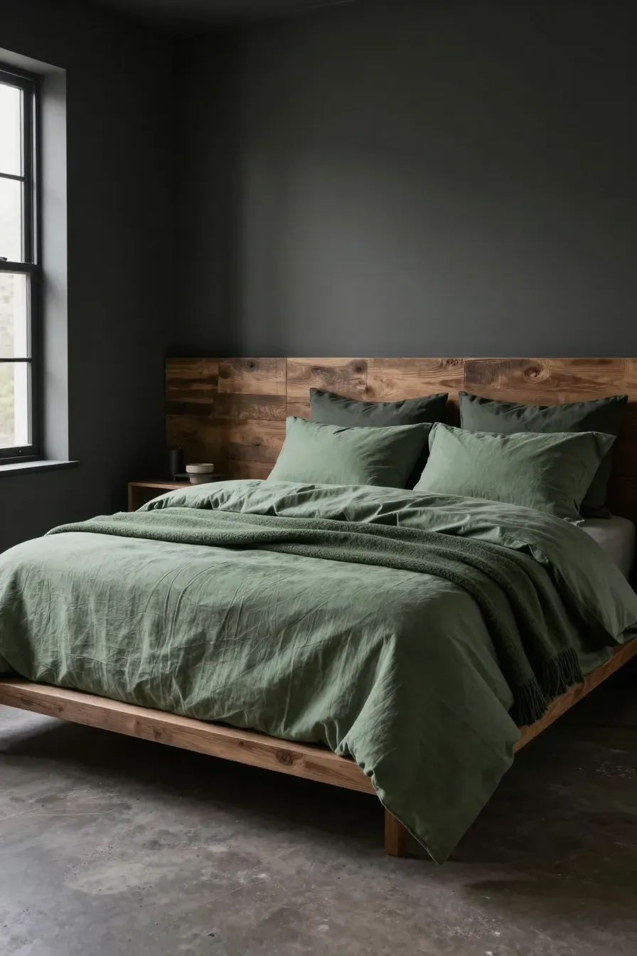 A moody bedroom featuring layered sage green bedding on a wooden bed frame with soft side lighting.