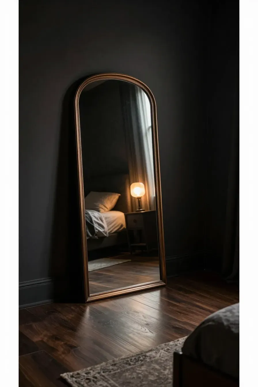 A large antique bronze floor mirror leaning against a dark wall in a moody, natural-style bedroom.