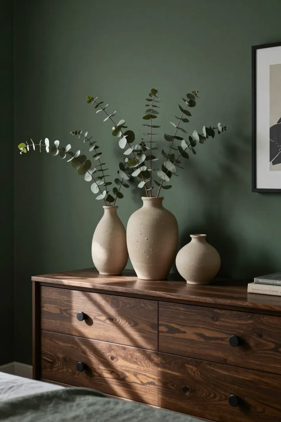 Hand-thrown clay vases with dried eucalyptus on a dresser in a moody, dark-toned bedroom.
