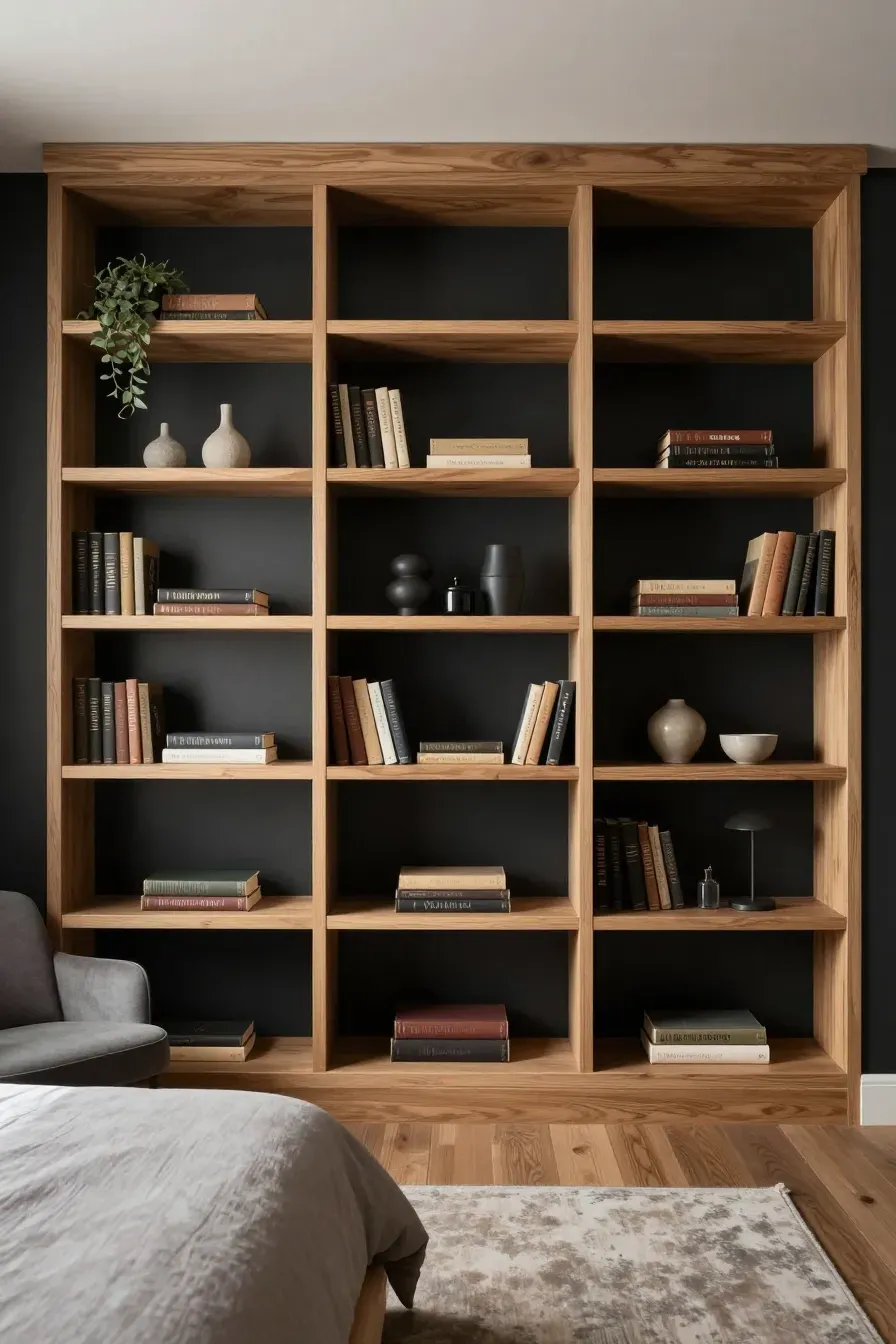 Built-in oak bookshelves with dark charcoal back panels in a moody, natural-style bedroom.