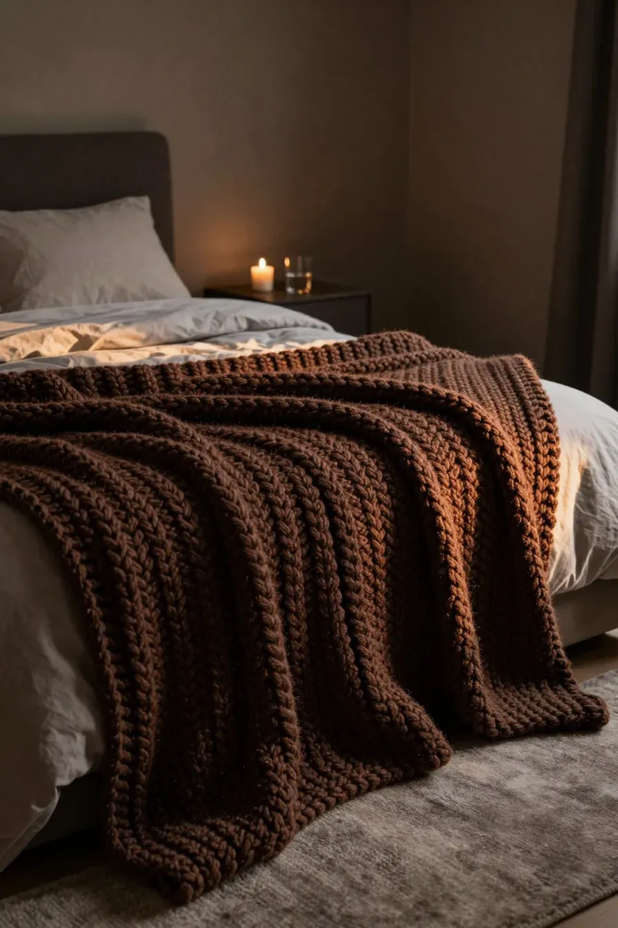 A chunky chocolate brown knit blanket on a bed in a cozy, moody bedroom with soft lighting.