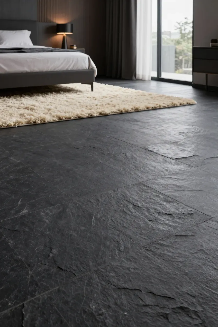 Dark slate tile flooring with a plush cream rug in a modern, moody natural bedroom.
