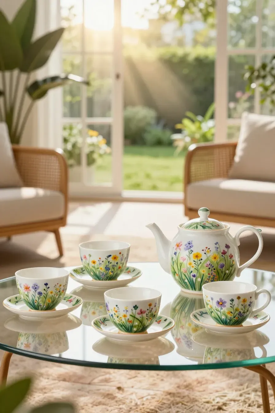 A ceramic tea set hand-painted with a lush wildflower meadow scene in a sunlit room.