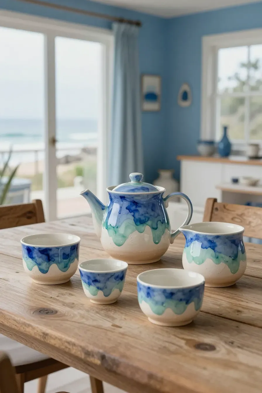 A ceramic mug with blue and green watercolor-style glaze washes on a driftwood table.