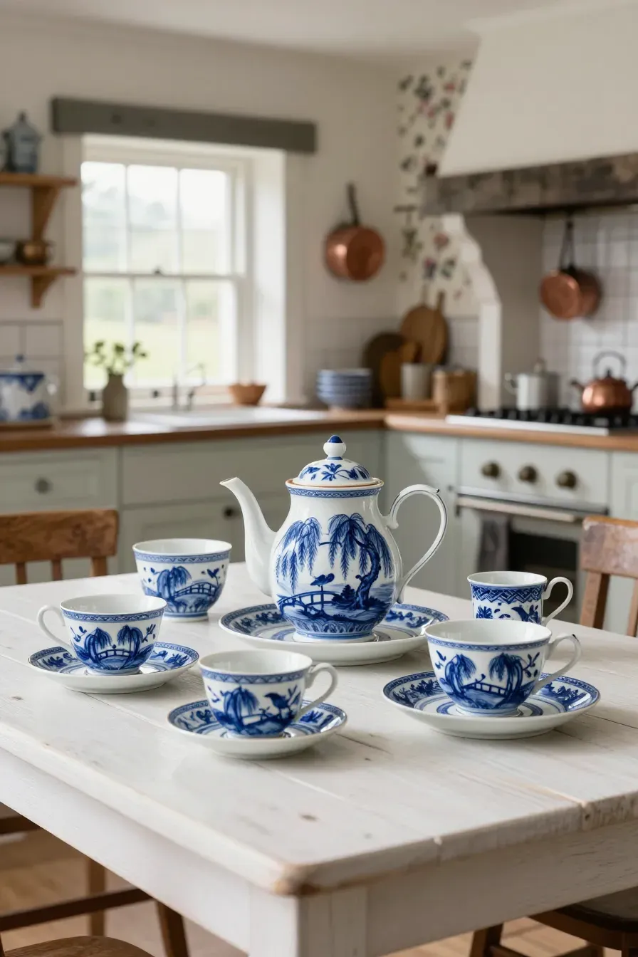 A white ceramic tea set with traditional blue willow pattern illustrations in a cottage kitchen.
