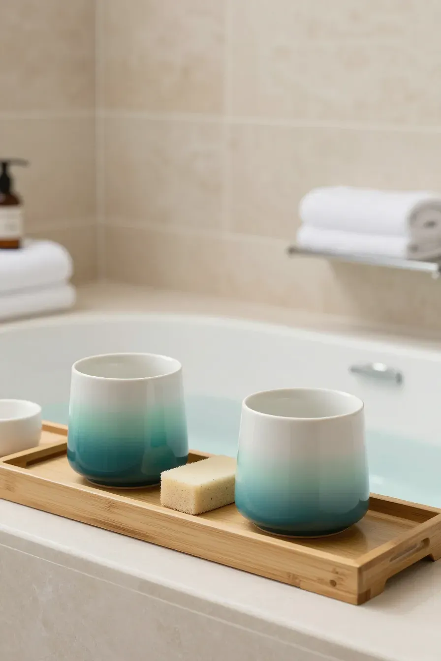 A ceramic mug with a smooth turquoise to seafoam green ombre gradient on a bamboo tray.