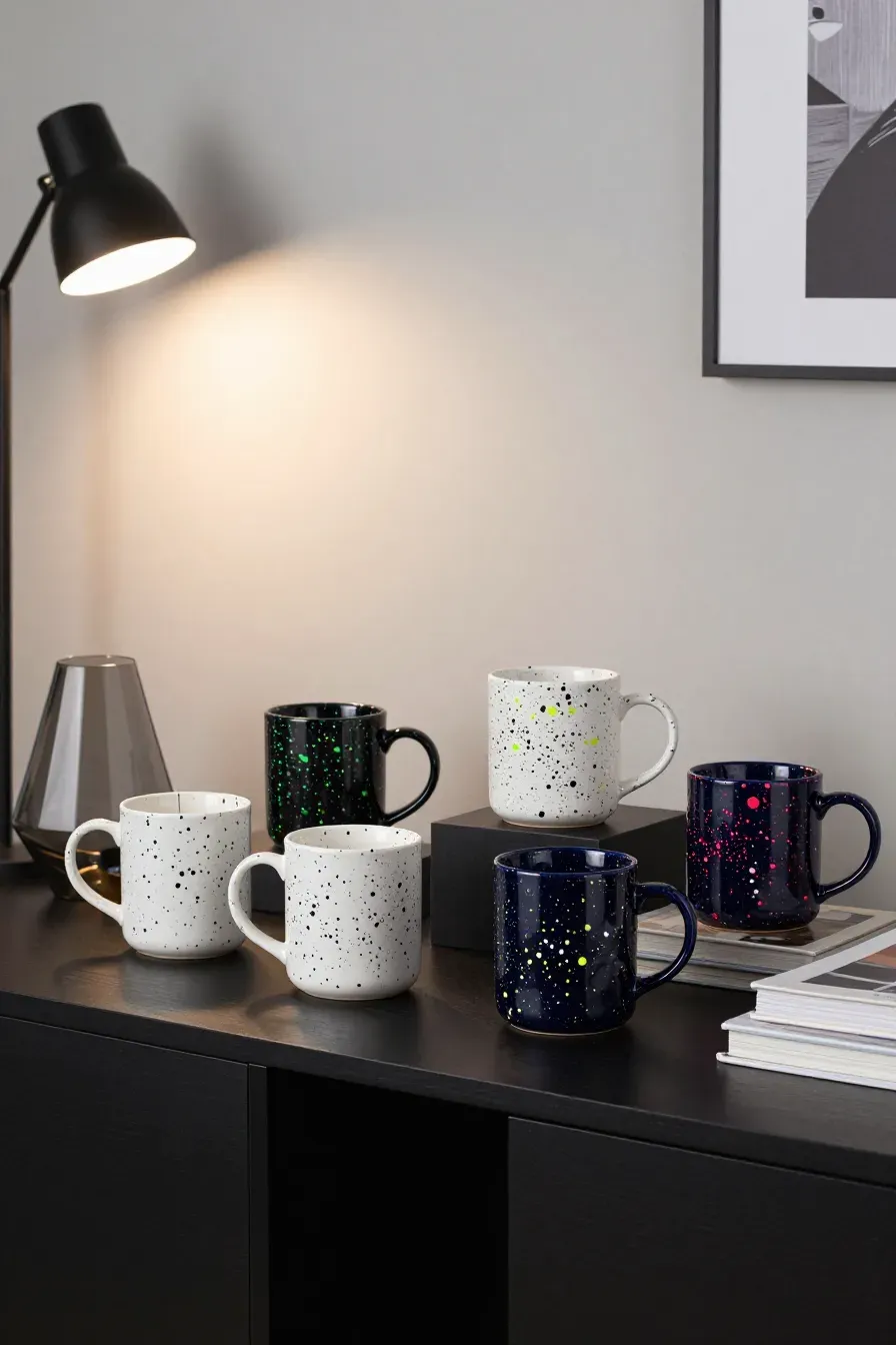 A collection of splatter-painted ceramic mugs with black and white starry patterns on a sideboard.
