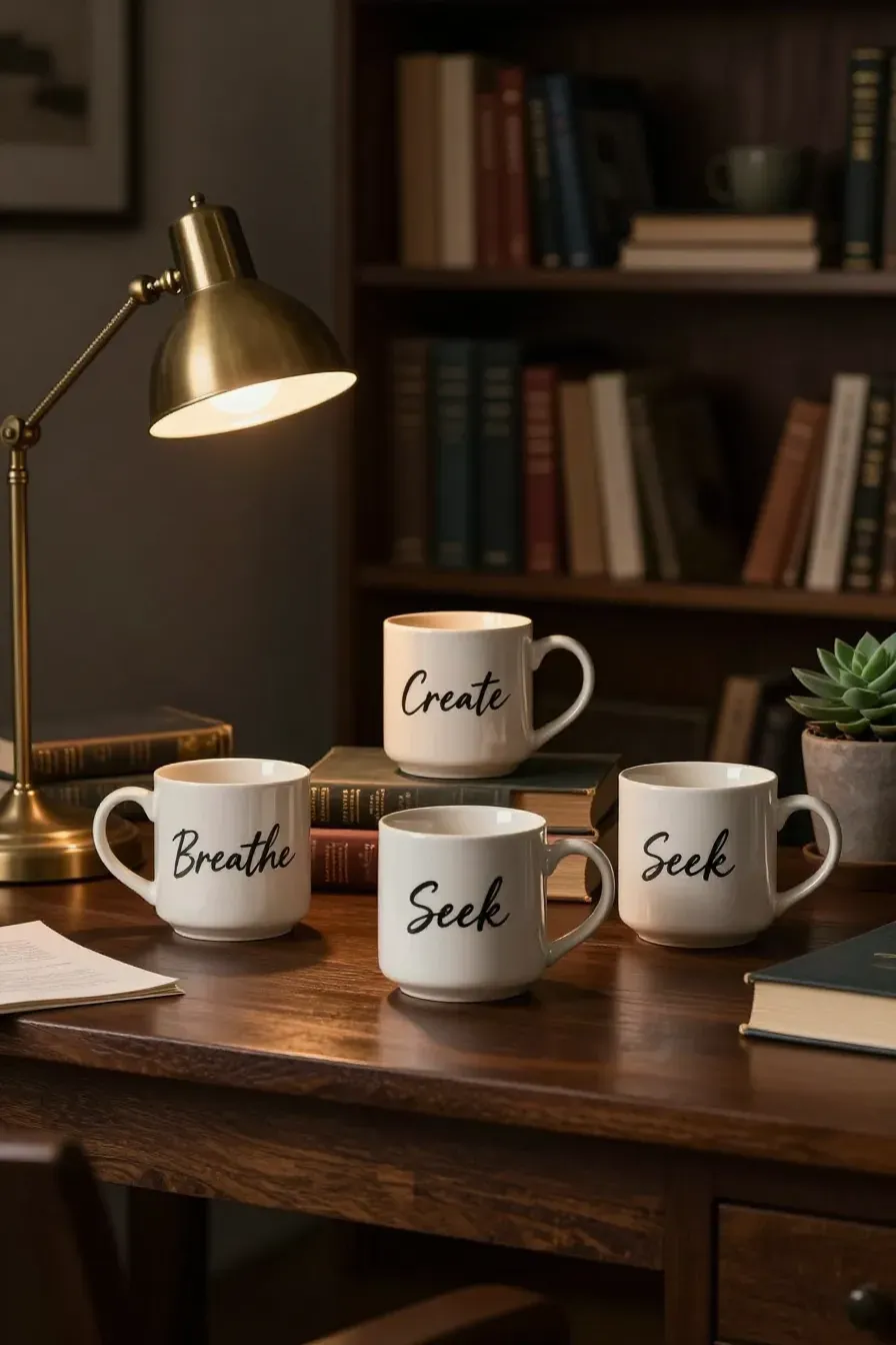 Minimalist white mugs with black hand-lettered inspirational quotes on a wooden desk.