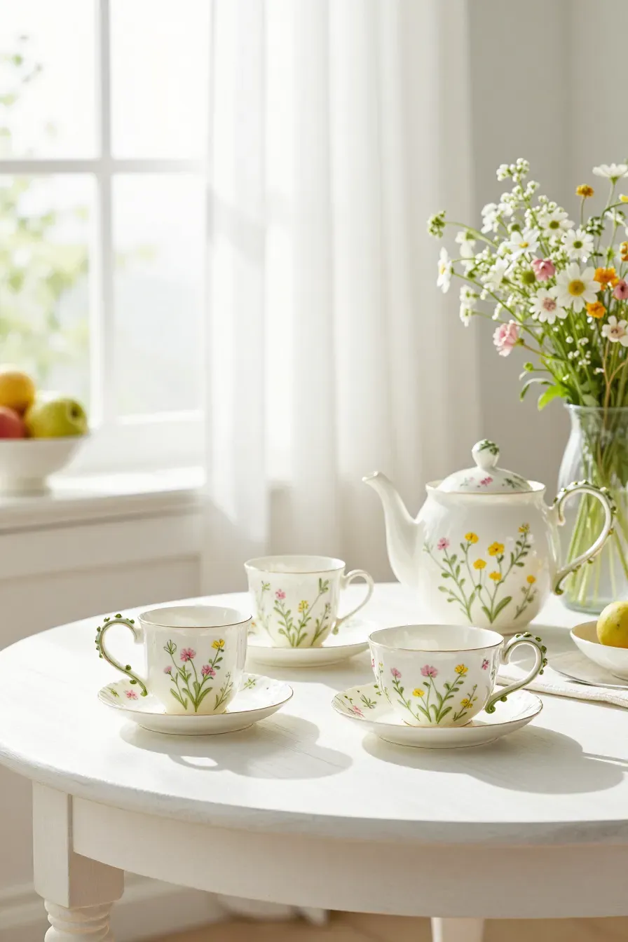 A pottery tea set with tiny floral vines wrapped around the handles on a sunny breakfast table.