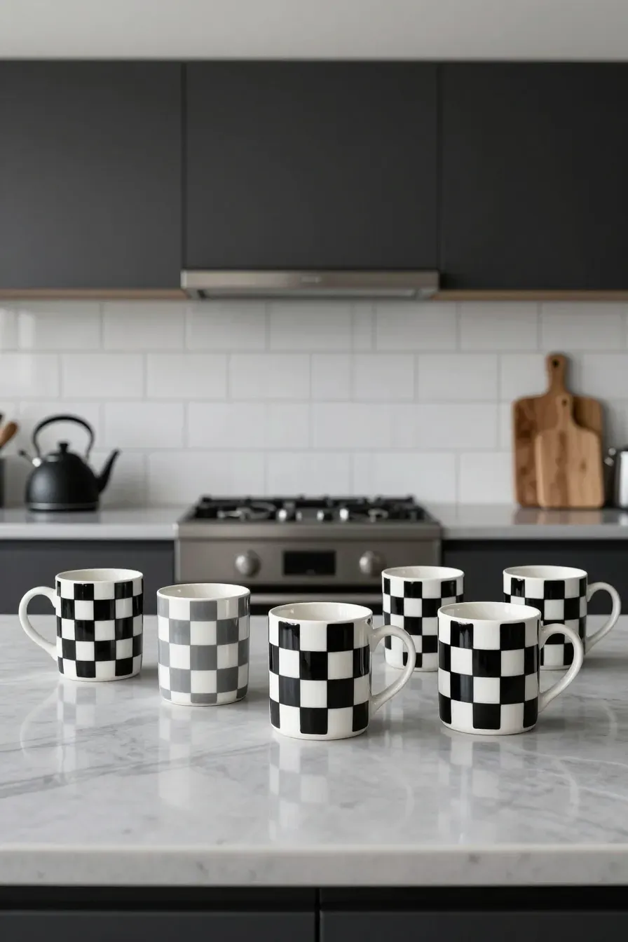 A row of hand-painted black and white checkerboard mugs on a modern kitchen counter.