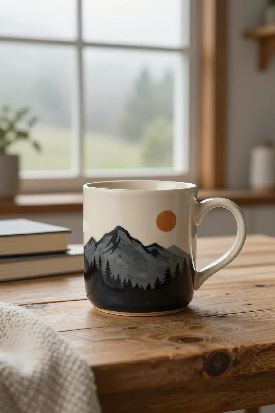 A hand-painted ceramic mug with a black mountain silhouette sitting on a rustic wooden table.